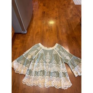 Democracy Embroidered Lace Boho Blouse Sage Green Crochet Trim Bell Sleeve Top S